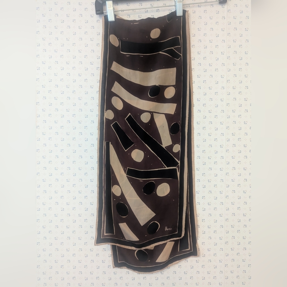 🤎 Vera Vintage Silk Scarf Skinny  Brown Black Cream Patterned 1970's